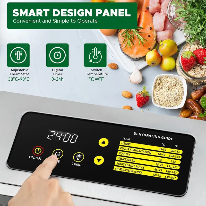 12-Tray Stainless Steel Food Dehydrator ¨C Dual-Fan 360¡ã Airflow. 24-Hour Timer. 30¡ãC¨C90¡ãC Range & Overheat Protection (800W)