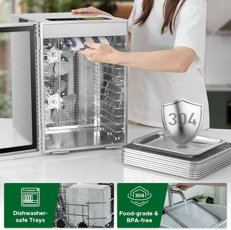 12-Tray Stainless Steel Food Dehydrator ¨C Dual-Fan 360¡ã Airflow. 24-Hour Timer. 30¡ãC¨C90¡ãC Range & Overheat Protection (800W)