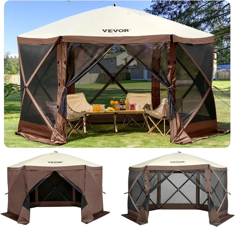 12¡ä x 12¡ä Hexagonal Camping Awning Tent ¡ª IPX3 Waterproof. Mesh Ventilation. Portable Storage Bag