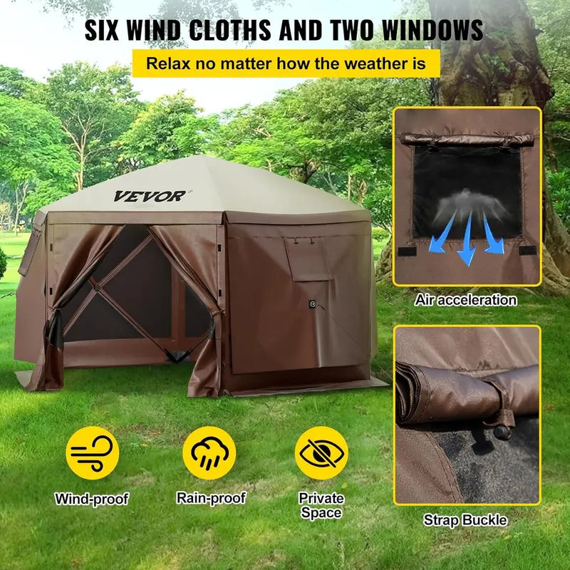 12¡ä x 12¡ä Hexagonal Camping Awning Tent ¡ª IPX3 Waterproof. Mesh Ventilation. Portable Storage Bag