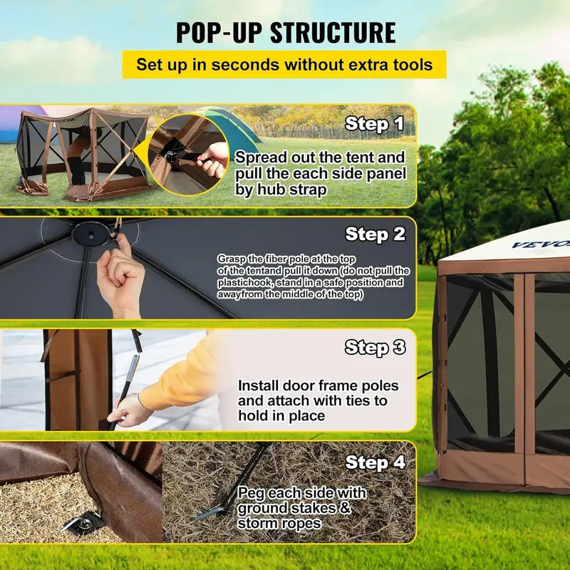12¡ä x 12¡ä Hexagonal Camping Awning Tent ¡ª IPX3 Waterproof. Mesh Ventilation. Portable Storage Bag