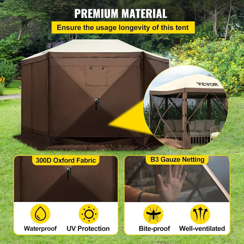 12¡ä x 12¡ä Hexagonal Camping Awning Tent ¡ª IPX3 Waterproof. Mesh Ventilation. Portable Storage Bag