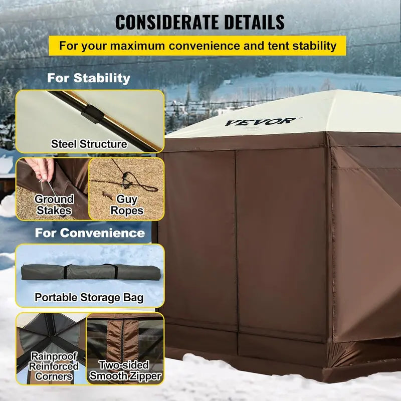 12¡ä x 12¡ä Hexagonal Camping Awning Tent ¡ª IPX3 Waterproof. Mesh Ventilation. Portable Storage Bag