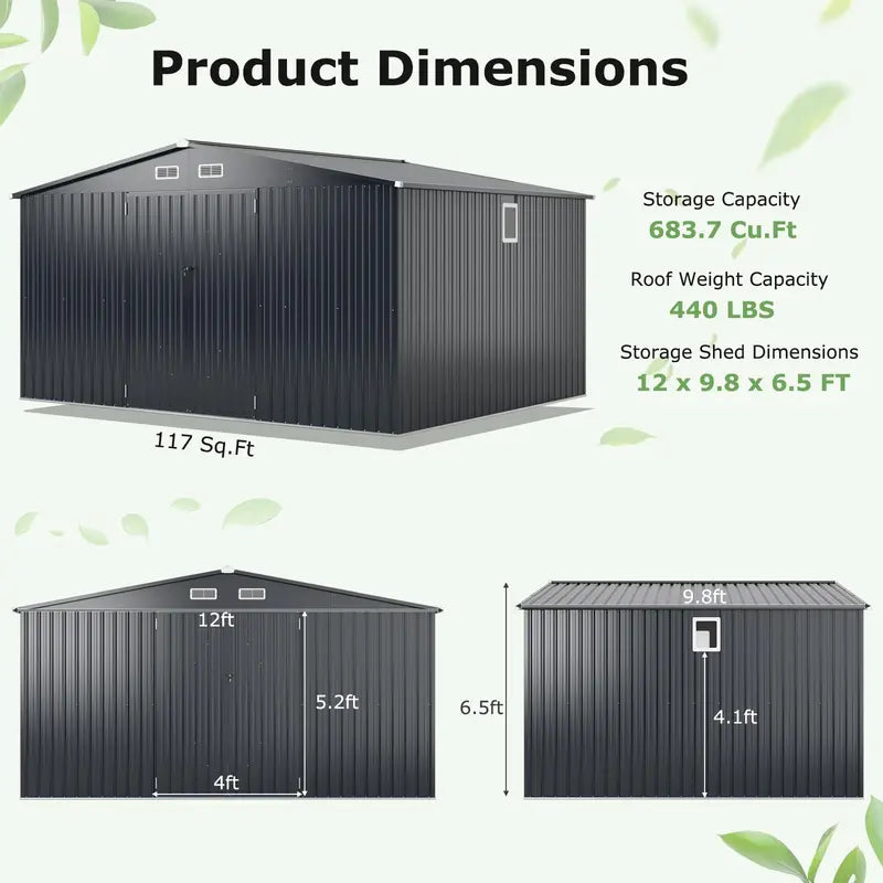 12′ x 9.8′ All-Weather Outdoor Storage Shed ¡ª Rustproof Galvanized Metal Utility Shelter