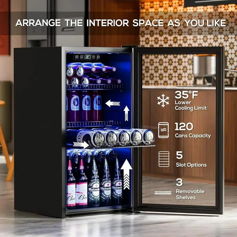 120-Can Freestanding Beverage Refrigerator ¨C Sleek Glass-Door Mini Fridge for Home or Office