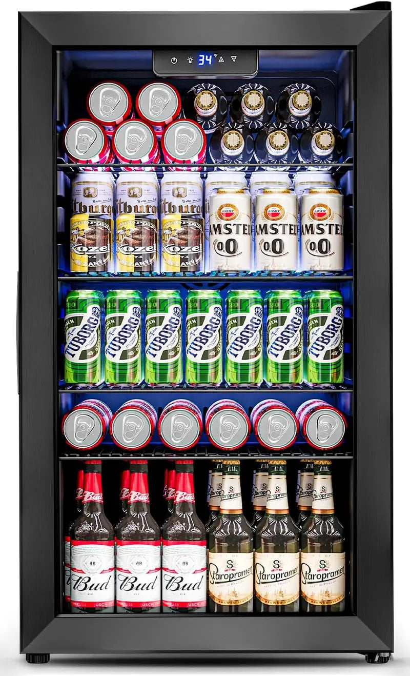 126-Can Beverage Cooler with Tempered Glass Door ¨C Mini Fridge for Soda. Beer & Wine