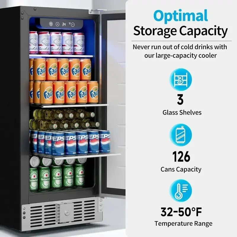 126-Can Beverage Cooler with Tempered Glass Door ¨C Mini Fridge for Soda. Beer & Wine