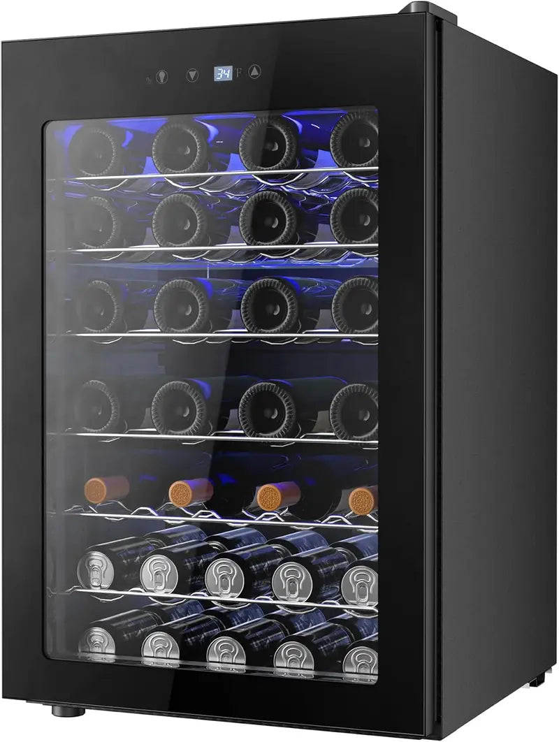 126-Can Beverage Mini Fridge with Tempered Glass Door ¨C Adjustable Shelves & Stainless Steel Finish for Home. Office. or Bar