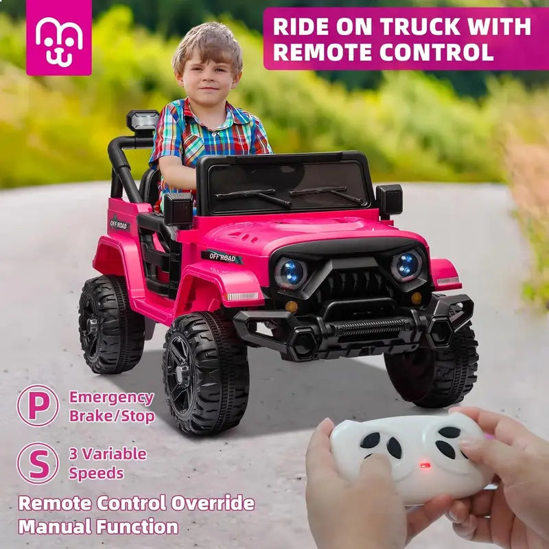 12V Kids Electric Ride-On Truck ¡ª Remote-Controlled. Twin 35W Motors. 3.5 MPH Max Speed. Bluetooth Speaker. LED Lights. Safety Belt