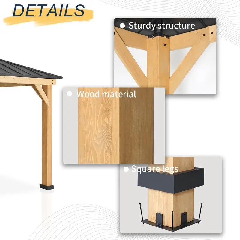 13 ft W x 11 ft D Solid Wood Patio Gazebo ¨C Premium Hardwood Outdoor Shelter