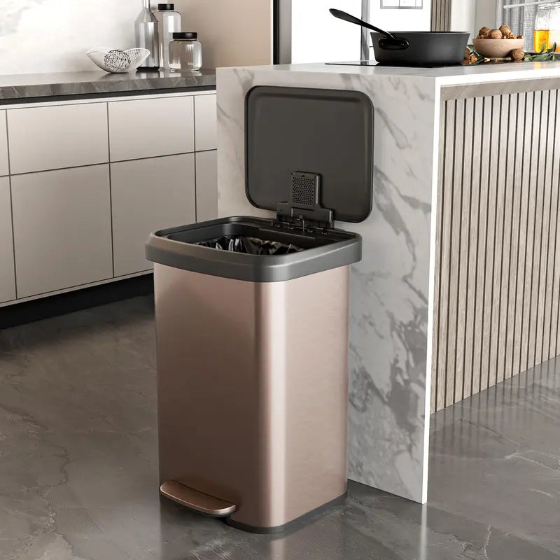13-Gallon Stainless Steel Trash Can ¨C Soft-Close Lid. Foot Pedal & Odor Control