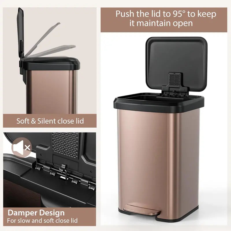 13-Gallon Stainless Steel Trash Can ¨C Soft-Close Lid. Foot Pedal & Odor Control