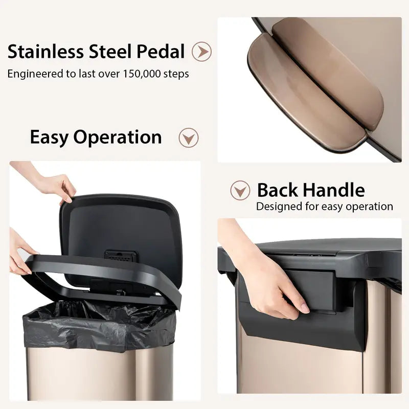 13-Gallon Stainless Steel Trash Can ¨C Soft-Close Lid. Foot Pedal & Odor Control