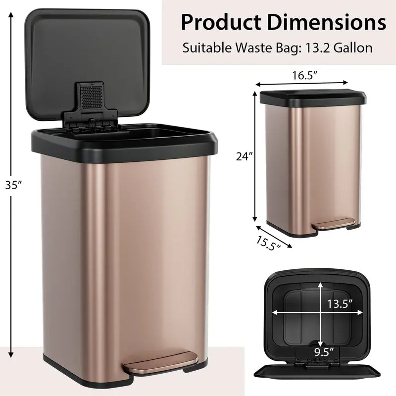 13-Gallon Stainless Steel Trash Can ¨C Soft-Close Lid. Foot Pedal & Odor Control