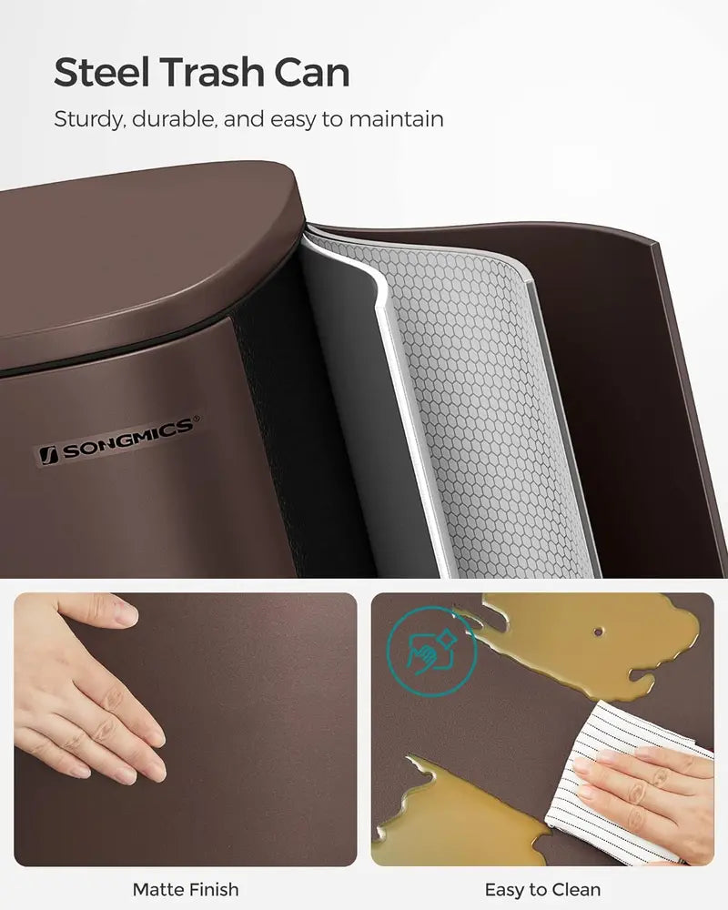 13 Gallon Stainless Steel Trash Can. Soft Close Step-On Pedal. Removable Bin. Brown ULTB50BR