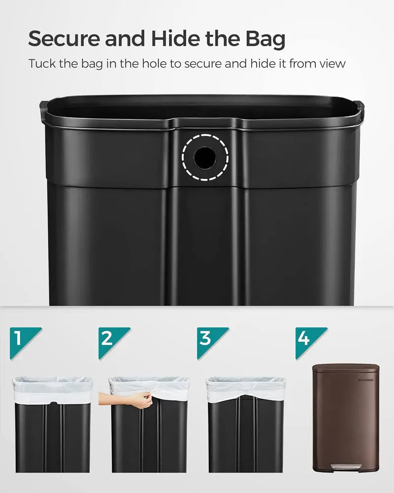 13 Gallon Stainless Steel Trash Can. Soft Close Step-On Pedal. Removable Bin. Brown ULTB50BR