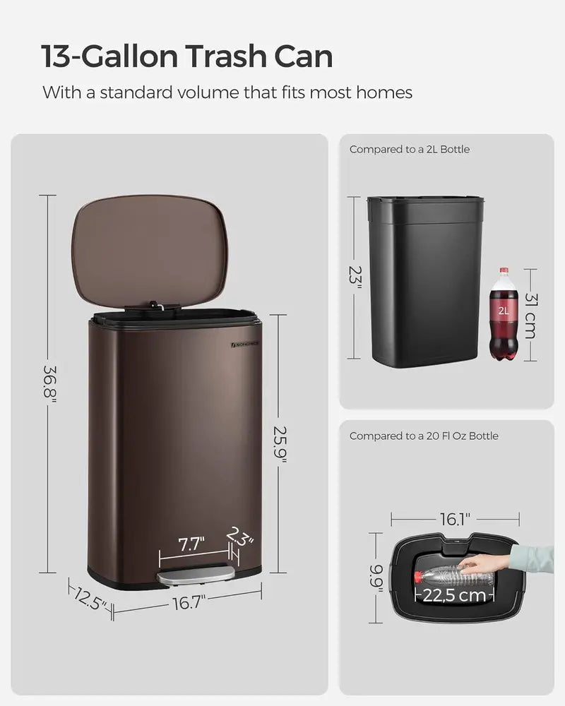 13 Gallon Stainless Steel Trash Can. Soft Close Step-On Pedal. Removable Bin. Brown ULTB50BR