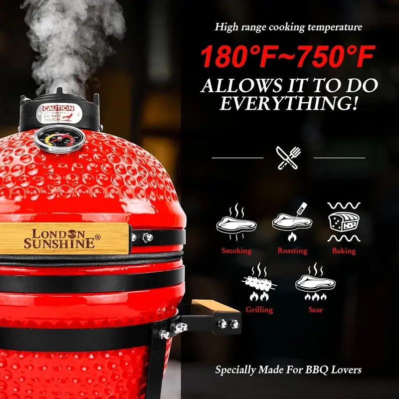 13-Inch Ceramic Kamado-Style Charcoal Grill ¨C Compact Portable BBQ in Bold Red