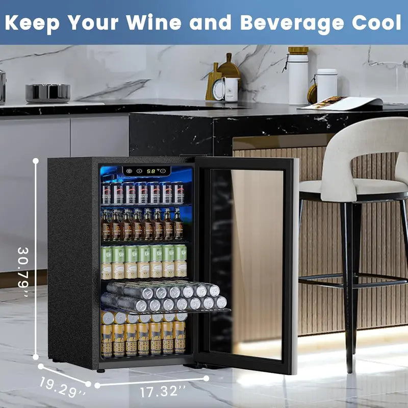 130-Can Mini Beverage Fridge ¨C 3.2 Cu. Ft. Compact Refrigerator with Adjustable Temp Control. Ideal for Home. Office or Bar (Black)