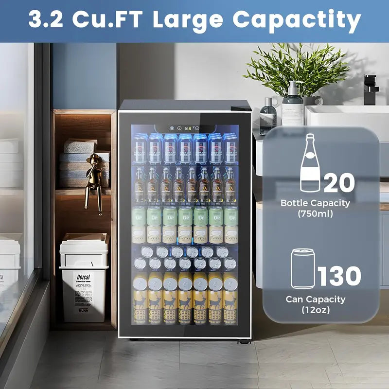 130-Can Mini Beverage Fridge ¨C 3.2 Cu. Ft. Compact Refrigerator with Adjustable Temp Control. Ideal for Home. Office or Bar (Black)