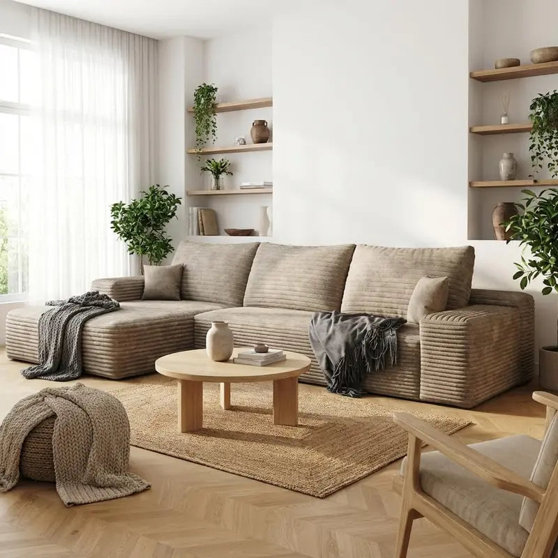 135¡å Minimalist Corduroy Sectional ¨C Compressed High-Density Foam Lounge Sofa with Anti-Slip Base