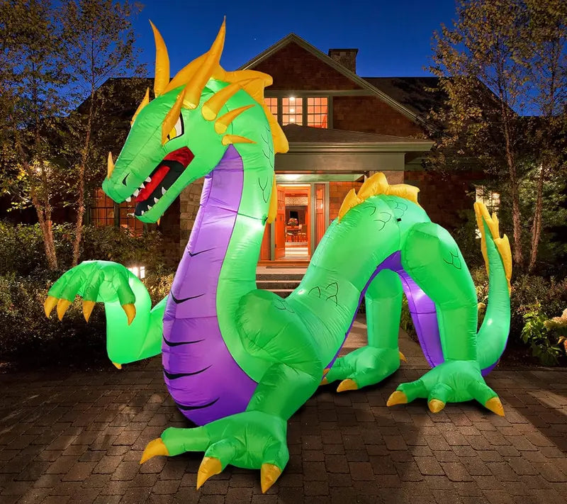 14-Foot Giant Inflatable Dragon Decoration ¨C Outdoor Halloween Display with Ground Stakes &amp; LED Lights