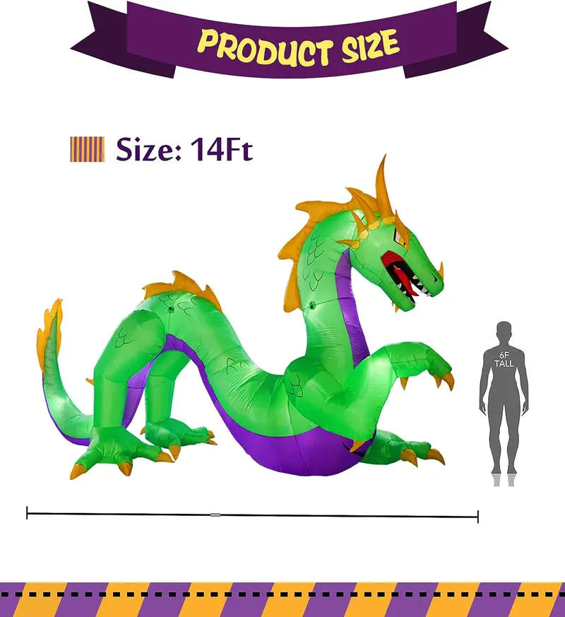 14-Foot Giant Inflatable Dragon Decoration ¨C Outdoor Halloween Display with Ground Stakes &amp; LED Lights