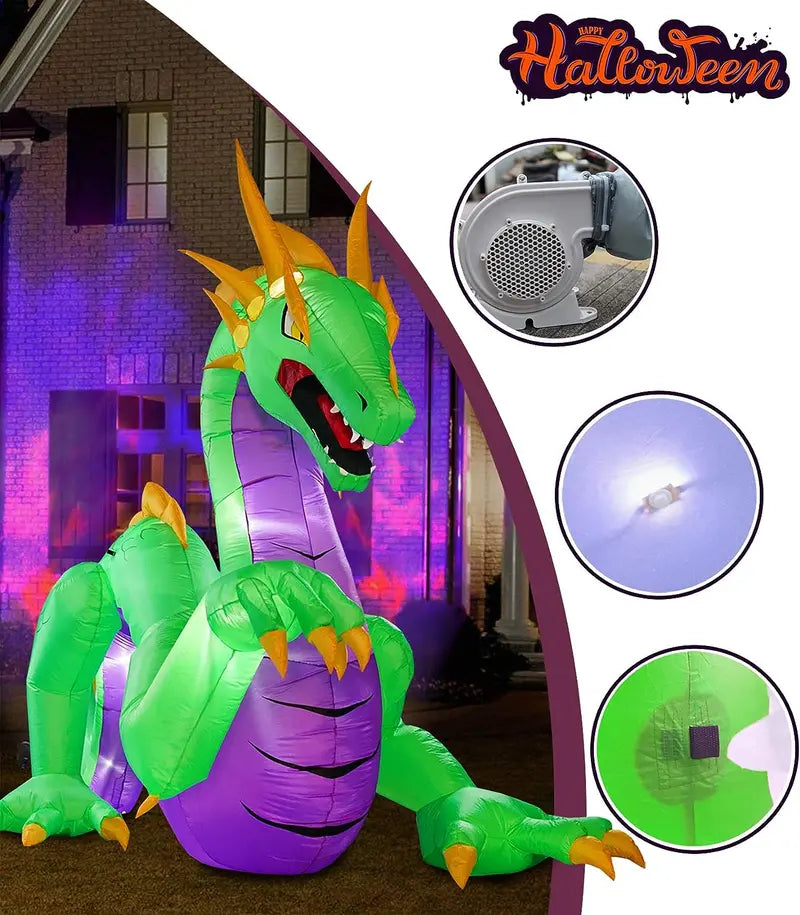 14-Foot Giant Inflatable Dragon Decoration ¨C Outdoor Halloween Display with Ground Stakes &amp; LED Lights