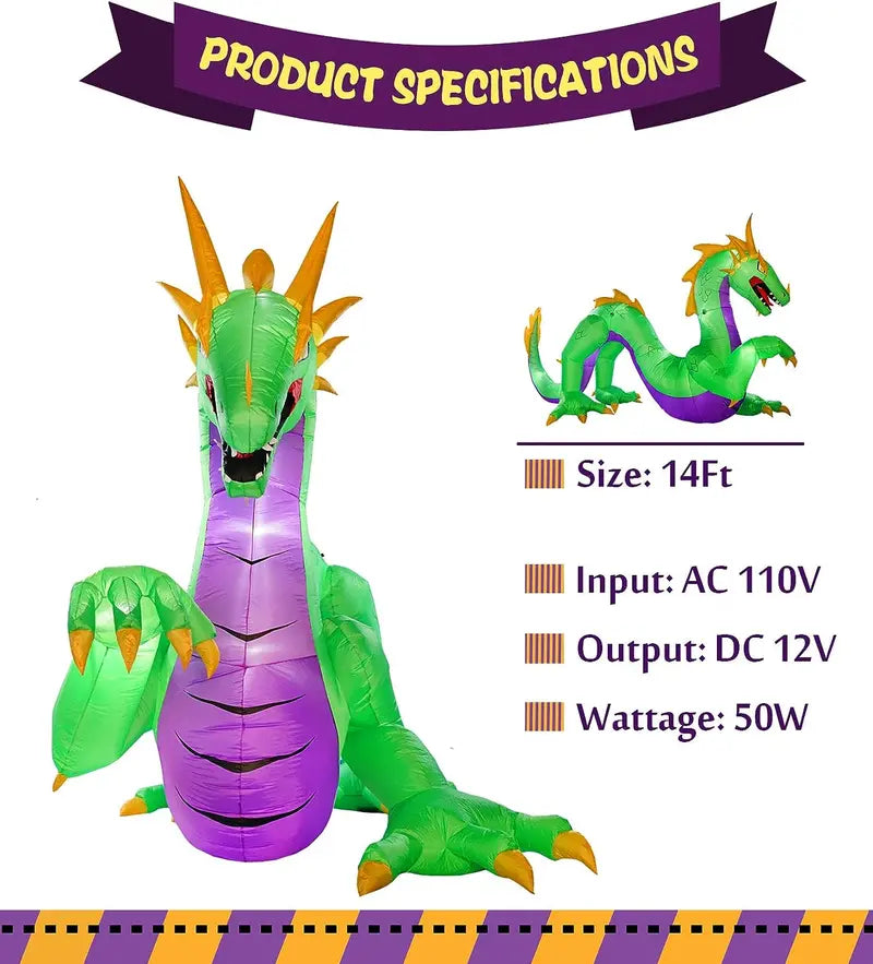 14-Foot Giant Inflatable Dragon Decoration ¨C Outdoor Halloween Display with Ground Stakes &amp; LED Lights