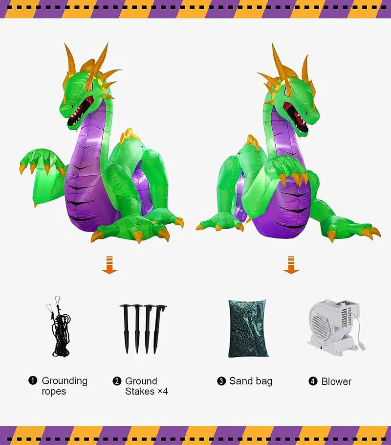 14-Foot Giant Inflatable Dragon Decoration ¨C Outdoor Halloween Display with Ground Stakes &amp; LED Lights