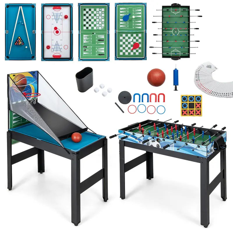 14-in-1 All-in-One Game Table Featuring Foosball. Air Hockey. Billiards. Table Tennis. Basketball. Chess. Checkers. Bowling &amp; Shuffleboard
