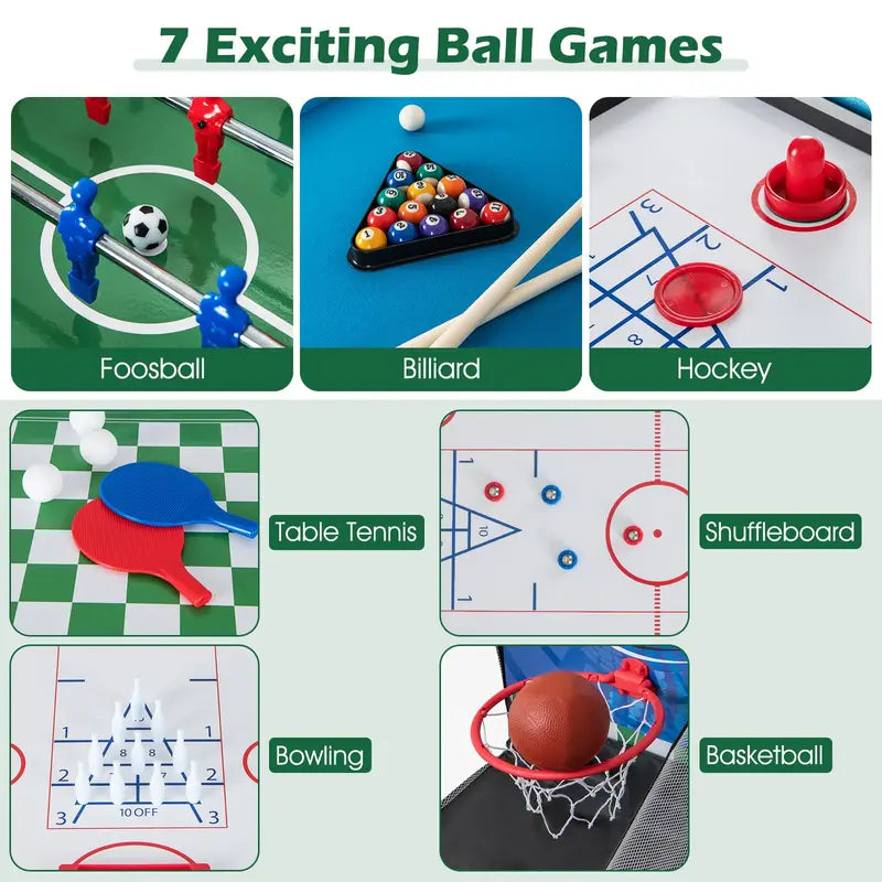 14-in-1 All-in-One Game Table Featuring Foosball. Air Hockey. Billiards. Table Tennis. Basketball. Chess. Checkers. Bowling &amp; Shuffleboard