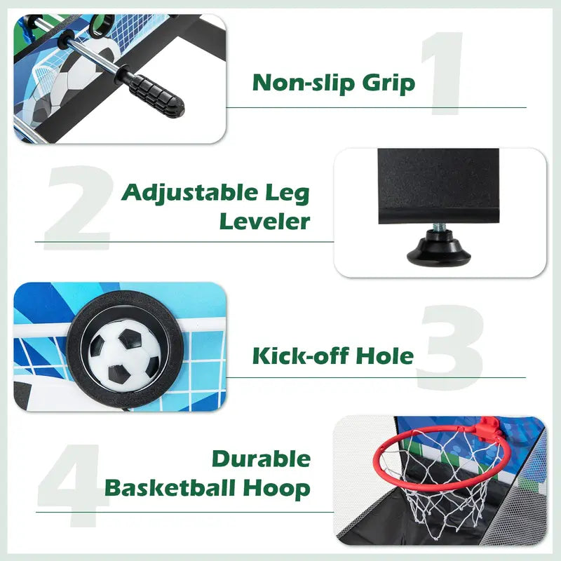 14-in-1 All-in-One Game Table Featuring Foosball. Air Hockey. Billiards. Table Tennis. Basketball. Chess. Checkers. Bowling &amp; Shuffleboard