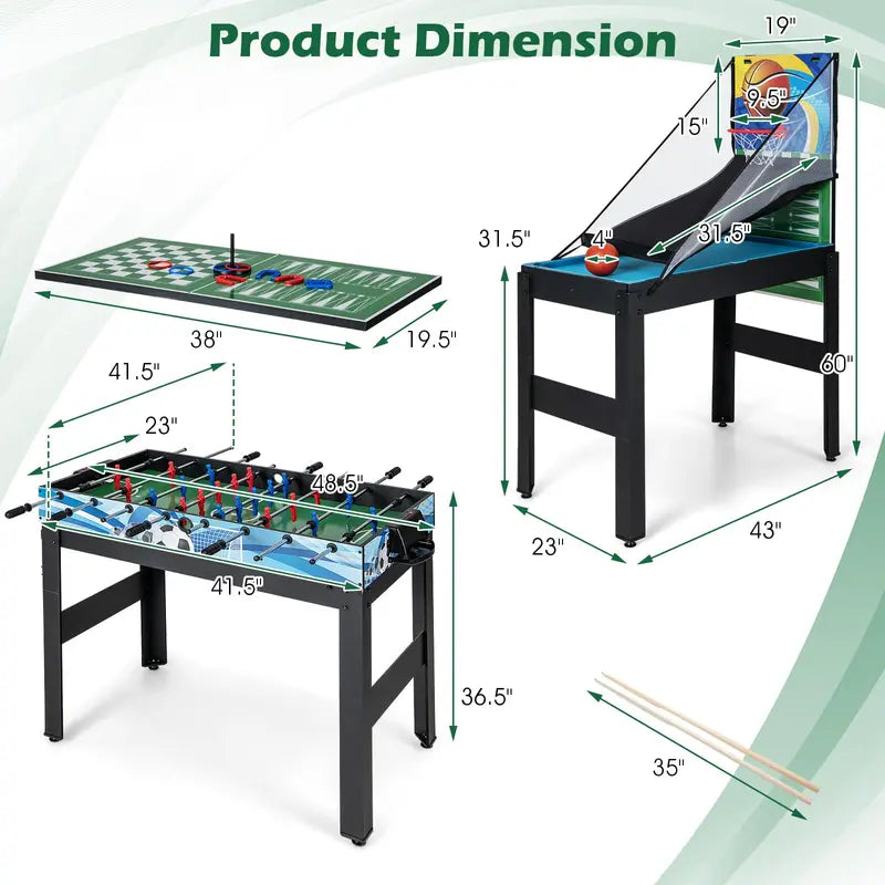 14-in-1 All-in-One Game Table Featuring Foosball. Air Hockey. Billiards. Table Tennis. Basketball. Chess. Checkers. Bowling &amp; Shuffleboard