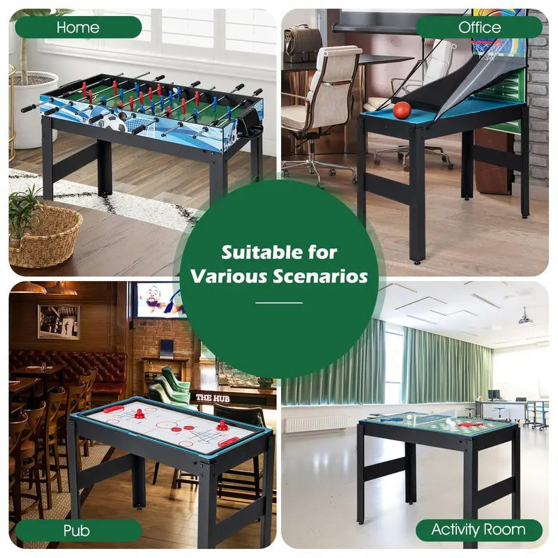 14-in-1 All-in-One Game Table Featuring Foosball. Air Hockey. Billiards. Table Tennis. Basketball. Chess. Checkers. Bowling &amp; Shuffleboard