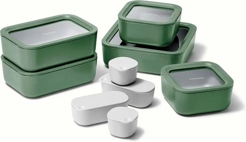 14-Piece Caraway Glass &amp; Ceramic Coated Food Storage Set. Non-Toxic. Easy to Store. with Organizer &amp; Inserts. Sage Dot Dash