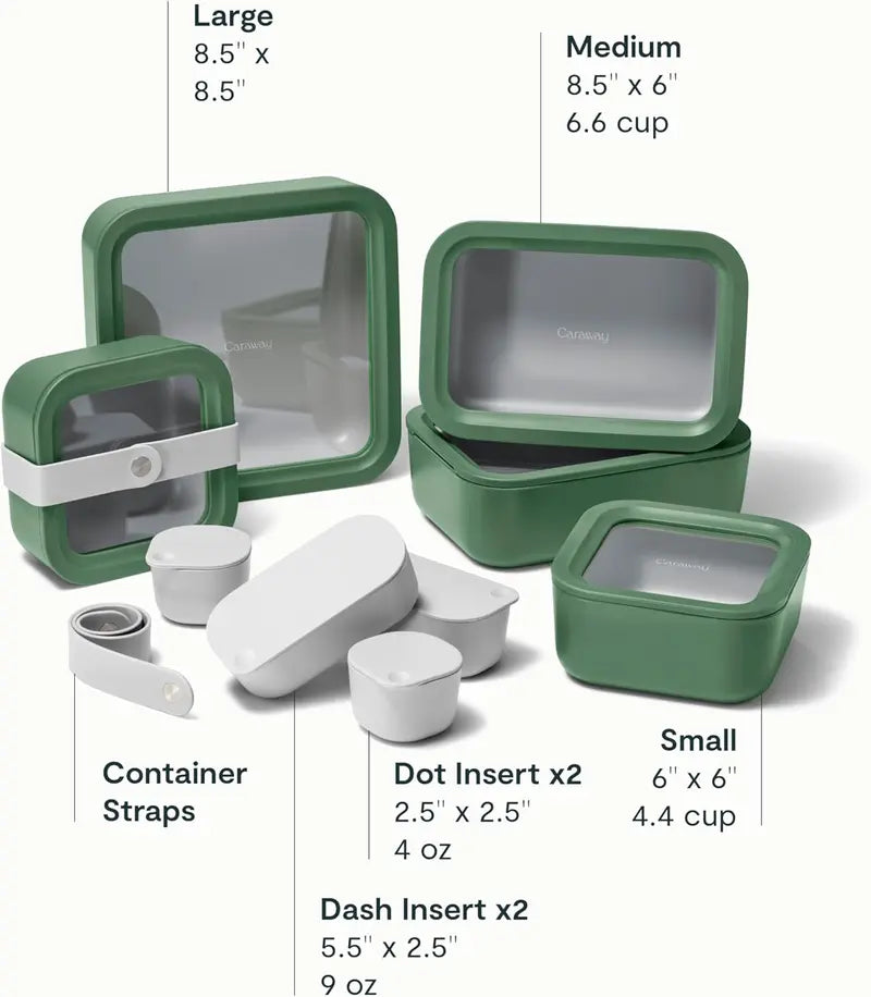 14-Piece Caraway Glass &amp; Ceramic Coated Food Storage Set. Non-Toxic. Easy to Store. with Organizer &amp; Inserts. Sage Dot Dash