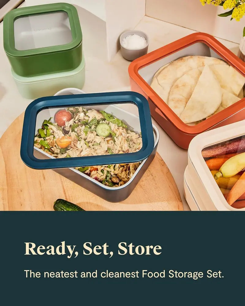 14-Piece Caraway Glass &amp; Ceramic Coated Food Storage Set. Non-Toxic. Easy to Store. with Organizer &amp; Inserts. Sage Dot Dash