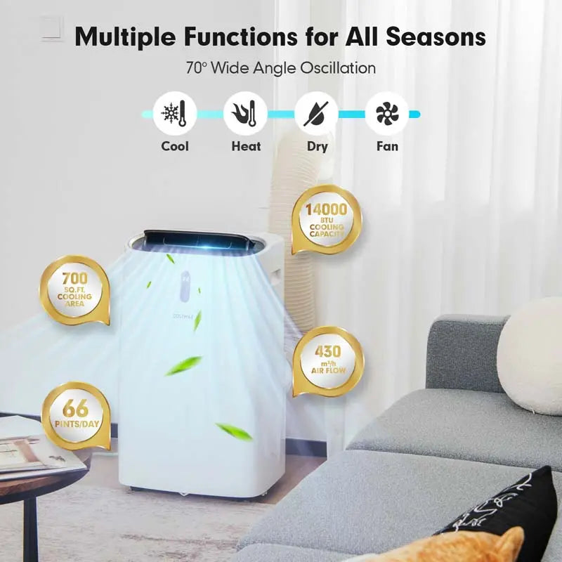 14000 BTU 4-in-1 Portable Air Conditioner with Heating &amp; WiFi ¨C Alexa-Compatible. Covers Up to 700 Sq. Ft.