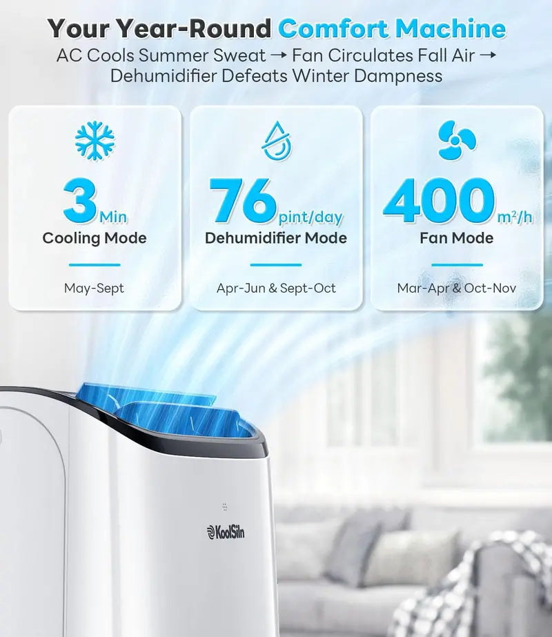 14.000 BTU Portable Air Conditioner ¨C Cools Up to 700 Sq. Ft.. Low-Noise Auto-Evaporation Design. Remote-Controlled for Garages & Offices