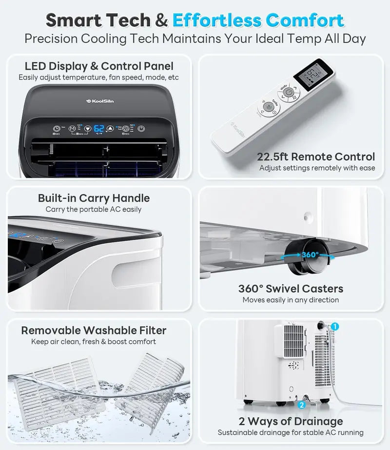 14.000 BTU Portable Air Conditioner ¨C Cools Up to 700 Sq. Ft.. Low-Noise Auto-Evaporation Design. Remote-Controlled for Garages & Offices