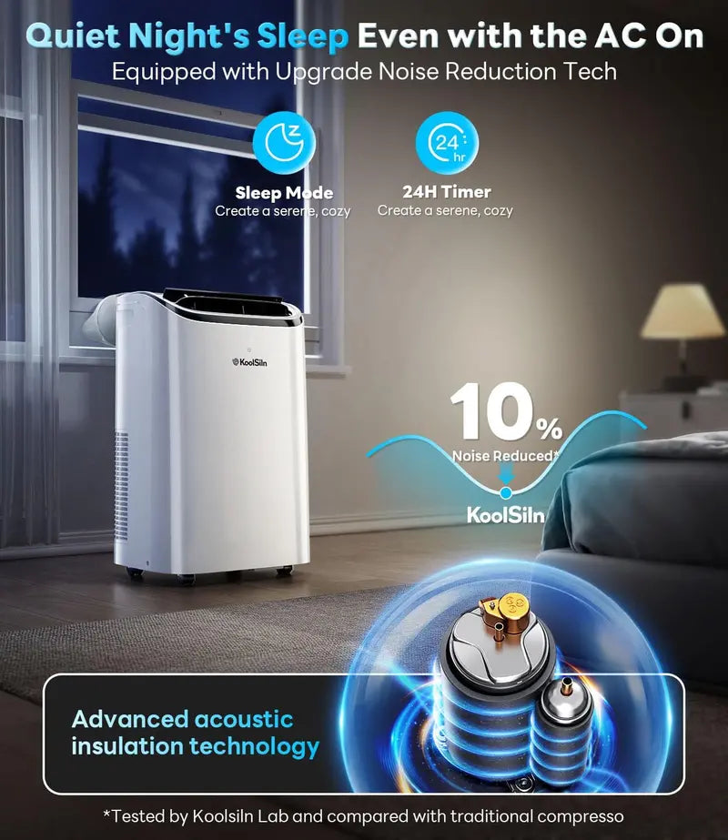 14.000 BTU Portable Air Conditioner ¨C Cools Up to 700 Sq. Ft.. Low-Noise Auto-Evaporation Design. Remote-Controlled for Garages & Offices