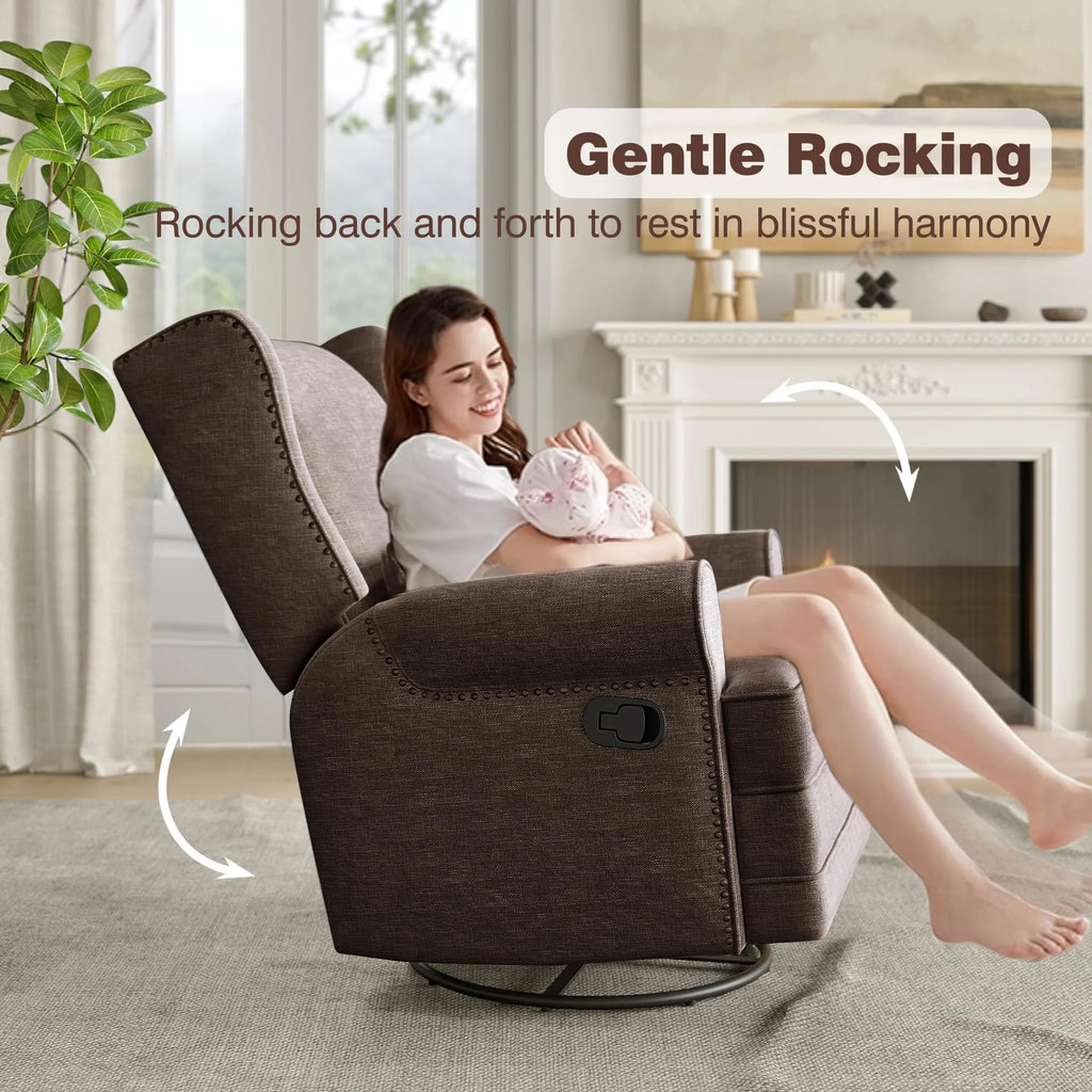 Royalcraft Swivel Nursery Glider Recliner. Comfy Upholstered Glider Chair with Lumbar Pillow and Footrest. Beige