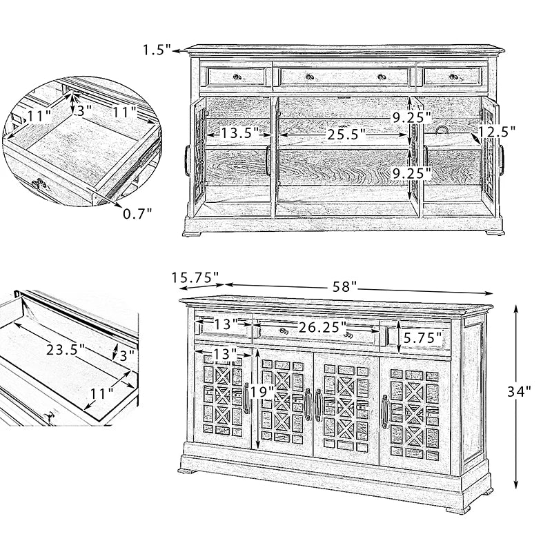 Prudence 58¡± Wide 3 Drawer Vintage Chic Sideboard
