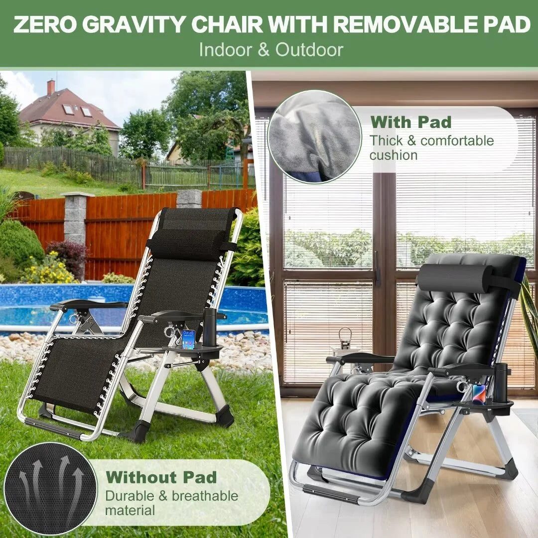 NAIZEA 2 Pack Zero Gravity Chair. Foldable Portable Lawn Recliner with Cushion. Headrest. Cup Holder. Black