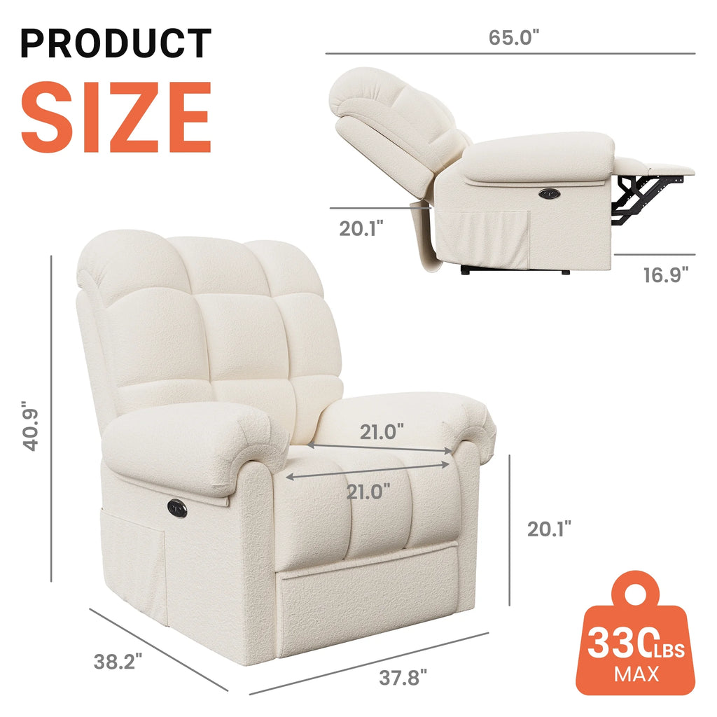 Power Recliner Chair. Electric Recline Sofa Chair for Adults with USB Port. Comfy Teddy Fleece Adjustable Cloud Sofa. Tool - Free Setup. Beige White