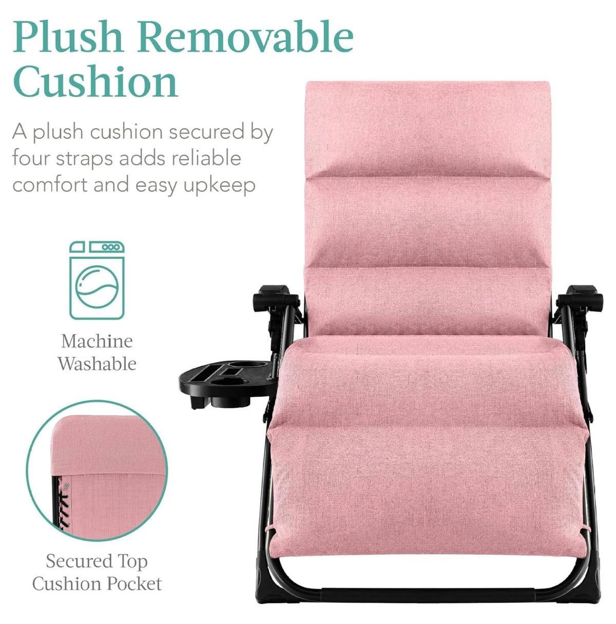 Oversized Chair. Folding Outdoor Patio Recliner. XL Anti Gravity Lounger W/Removable Cushion. Cup Holder. Side Tray. 350 lb Capacity - Taupe