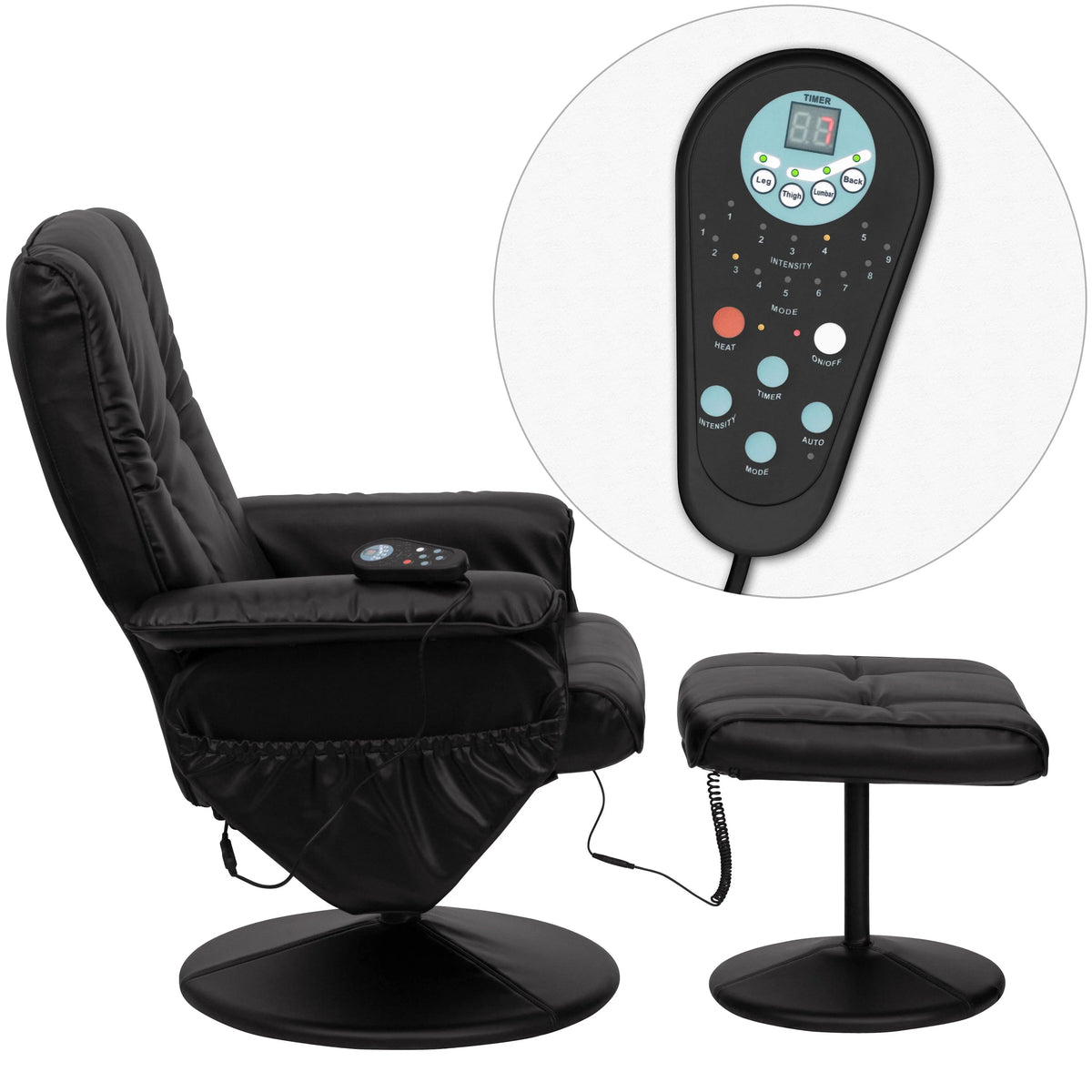Bizchair Massaging Heat Controlled Adjustable Recliner and Ottoman with Wrapped Base in Black Leathersoft