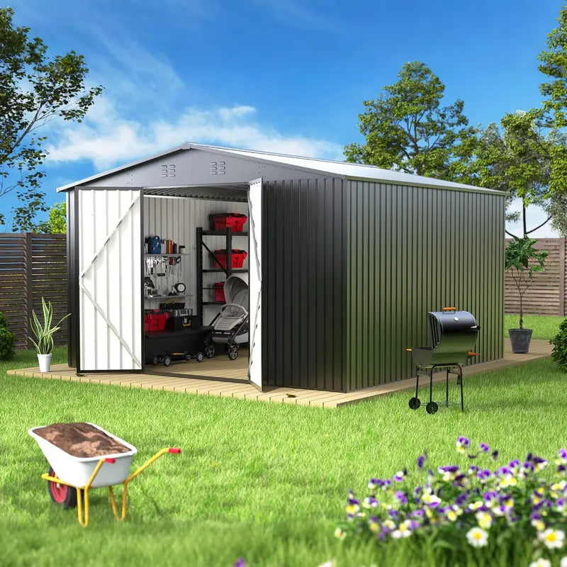 14x12ft Waterproof Steel Storage Shed ¨C Heavy-Duty Utility & Garden Tool Shelter