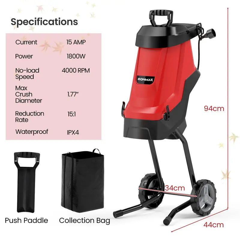 15-Amp Electric Wood Chipper &amp; Leaf Shredder ¨C Wheeled Mulcher with Safety Lock